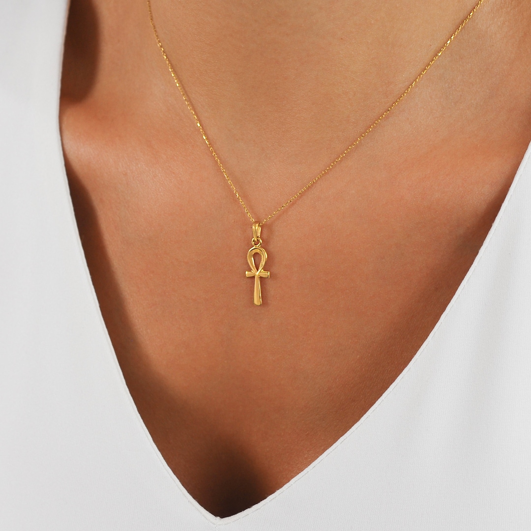 14K Solid Gold Ankh Necklace Spiritual Jewelry Minimal Etsy