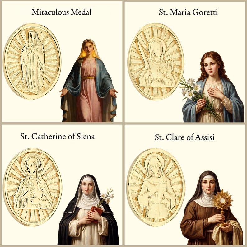 K&ouml;nnte beinhalten: Eine Sammlung von vier ovalen, goldfarbenen Metallmedaillen und dazugeh&ouml;rigen religi&ouml;sen Illustrationen. Die Medaillen zeigen gepr&auml;gte Figuren der Wundert&auml;tigen Medaille, der heiligen Maria Goretti, Katharina von Siena und Klara von Assisi.