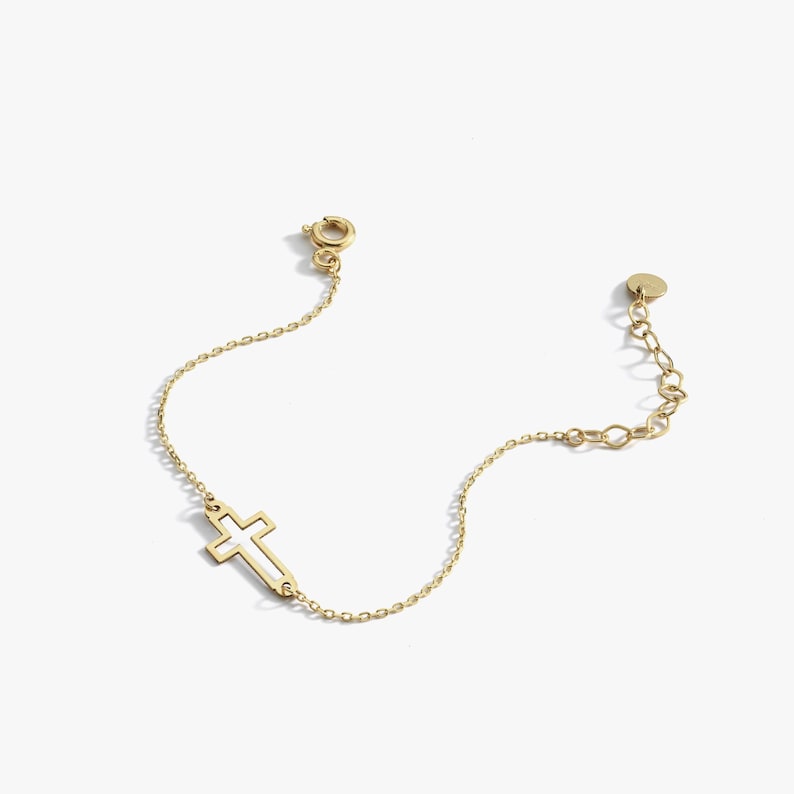 14K Solid Gold Cross Bracelet, Dainty Crucifix Tiny Bracelet for Kids and Baby, Baptism Gift, Religious Charm, Baby Boy, Baptism Gift Girl