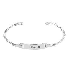 White gold baby ID bracelet personalized with the name 'Liana' and a flower symbol, with a clasp detail.