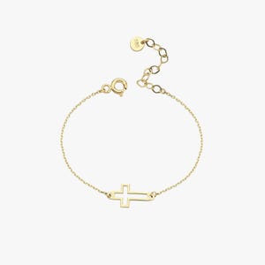 14K Solid Gold Cross Bracelet, Dainty Crucifix Tiny Bracelet for Kids and Baby, Baptism Gift, Religious Charm, Baby Boy, Baptism Gift Girl