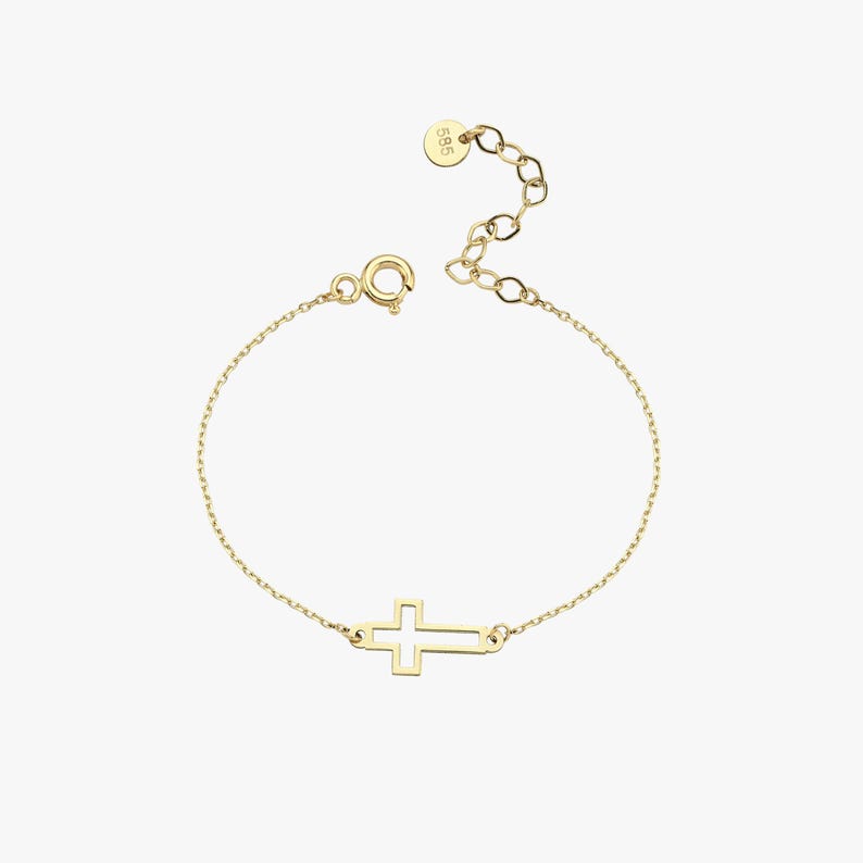 14K Solid Gold Cross Bracelet, Dainty Crucifix Tiny Bracelet for Kids and Baby, Baptism Gift, Religious Charm, Baby Boy, Baptism Gift Girl