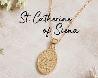 St Catherine of Siena Medal Necklace, Religious Medallions, Solid Gold or Gold Plated