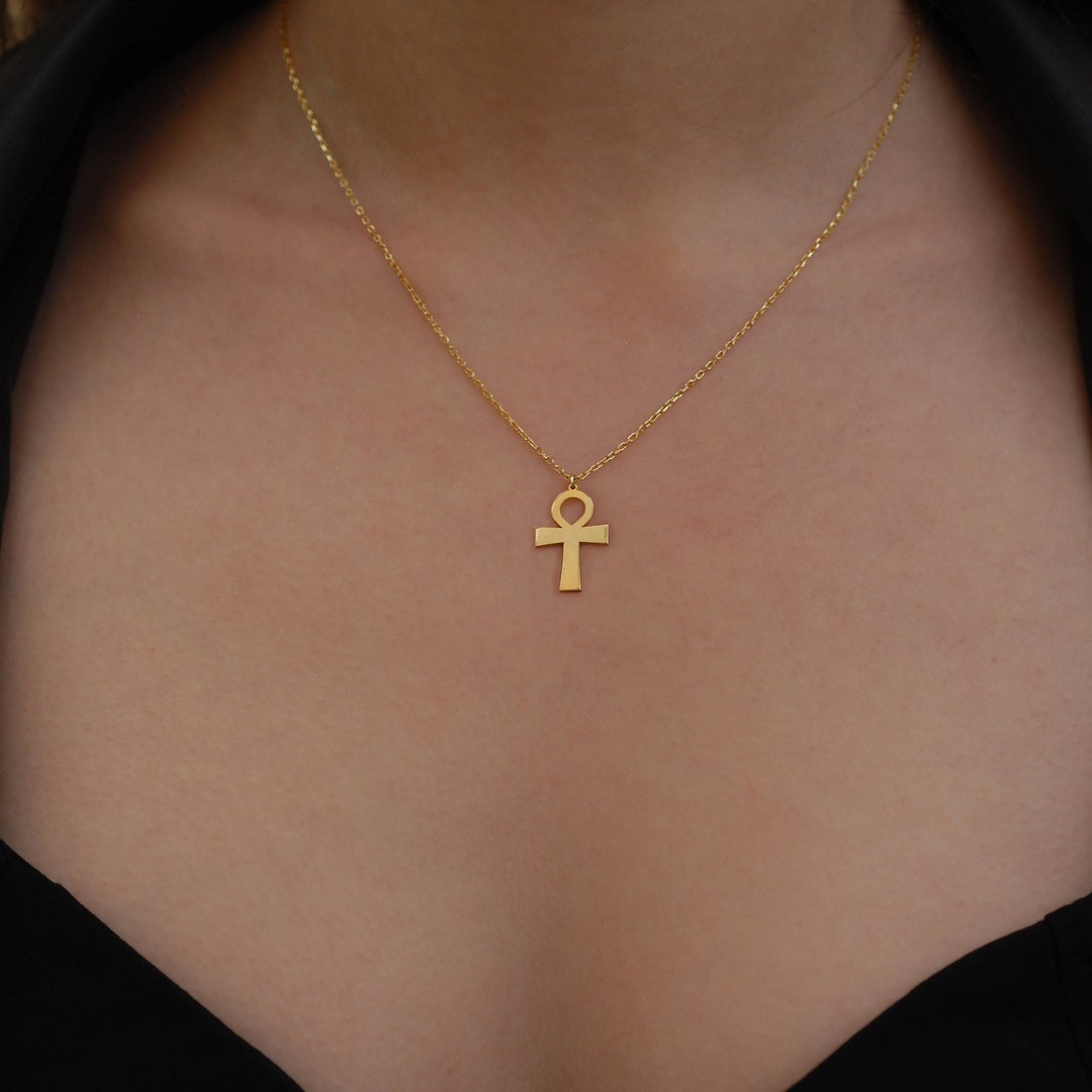 14K Solid Gold Ankh Necklace, Ankh Pendant, Egyptian Necklace for Women
