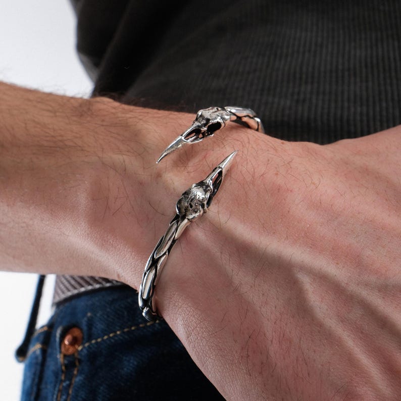 Raven Skull Bracelet for Men's, Gothic Bird Skull Bracelet for Men, Adjustable Cuff Bracelet, Gift for Husband