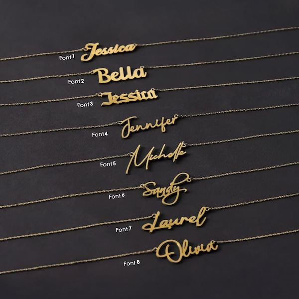 Collar de nombre personalizado de oro macizo de 14K, collar de nombre delicado personalizado, collar de nombre personalizado, collar de placa de identificación, regalos del Día de las Madres