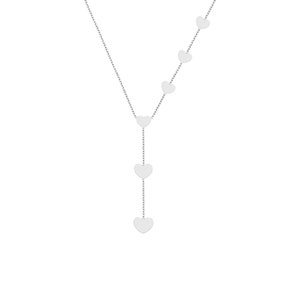 White Gold heart Y necklace with descending heart pendants on a plain background.