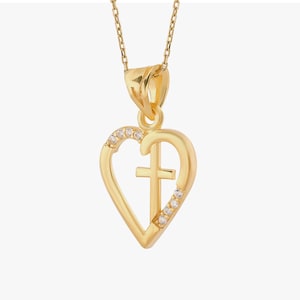 18K Gold Vermeil Heart Cross Necklace, Open Heart Necklace,  Heart Cross Pendant, Birthday Gift, Gift for Woman