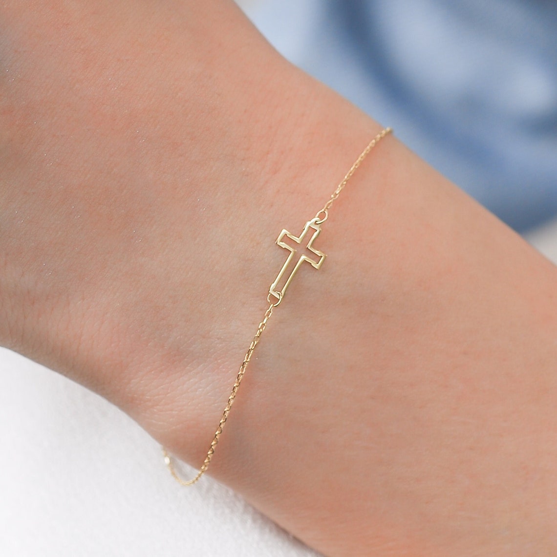 Solid Gold Cross Bracelet 14K Dainty Crucifix Tiny Bracelet image 1