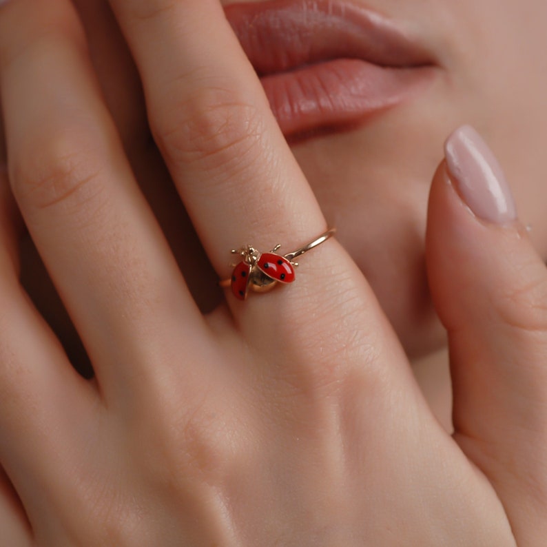 14K Solid Gold Ladybug Ring Dainty Lucky Ladybird Gold Ring Etsy