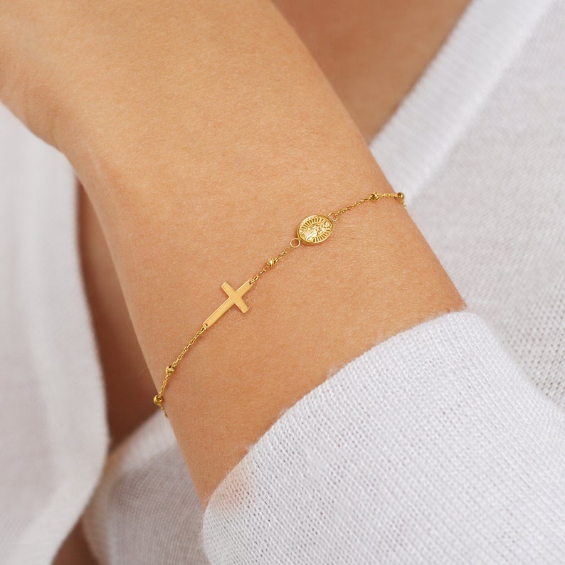 14K Solid Gold Cross Bracelet Rosary Bracelet for Women Etsy
