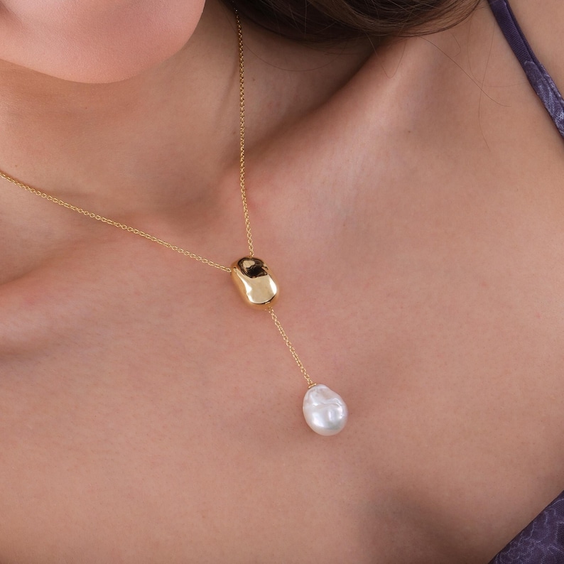 14K Gold Plated Baroque Pearl Necklace, Lariat Y Necklace , Drop Pearl Necklace, Gift for Mother