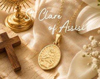 St Clare of Assisi Medal Necklace, Religious Pendant, Solid Gold or Gold Plated