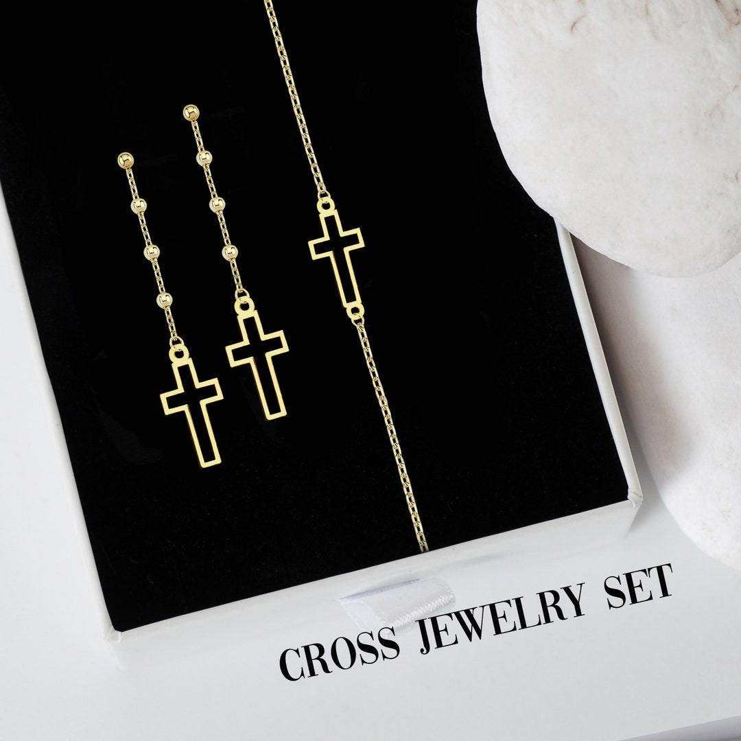 MIONZA 14K Solid Gold Religious Jewelry Sets, Cross Bracelet and Cross
