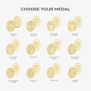 K&ouml;nnte beinhalten: Eine Sammlung von zw&ouml;lf goldfarbenen, ovalen religi&ouml;sen Medaillen in einem Raster, die jeweils einen anderen Heiligen oder eine andere Figur zeigen. Der Text CHOOSE YOUR MEDAL steht oben, und jede Medaille ist mit PRAY FOR US beschriftet.
