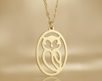 14K Solid Gold Owl Necklace, Owl Pendant, Owl Jewelry for Women, Birthday Gift