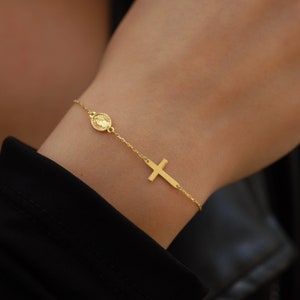 14K Solid Gold Cross Bracelet for Women, Miraculous Medal, Catholic Rosary Bracelets for Women, Religious Bracelet, Mothers Day Gifts