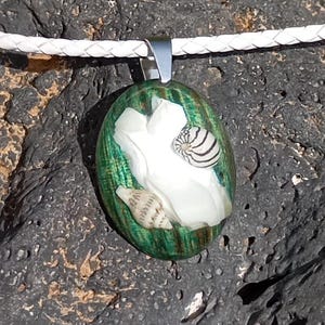 Mother of pearl and sea snails in epoxy resin pendant unisex leather necklace