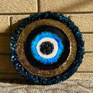 Evil eye resin wall hanging, geode, Blue Nazar Decor, wood wall hanging, handmade and painted,