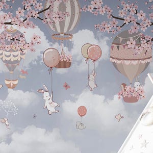 Carta da parati rimovibile con simpatici animali e alberi nel cielo, motivo per pareti della cameretta dei bambini, carta da parati staccabile