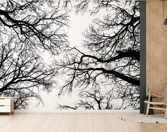 Forest Tree Wallpaper Border – 196x4 Inch Peel & Stick, Minimalist Black White Grey Tree Pattern, Removable Vinyl Trim For Living Room, Bedroom, Kitchen