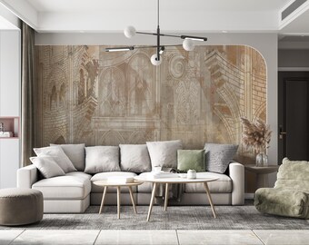 Può includere: Un moderno soggiorno con un ampio divano angolare, tavolini e un murale decorativo con un design architettonico. La stanza comprende un pouf rotondo, una poltrona verde e un lampadario moderno.