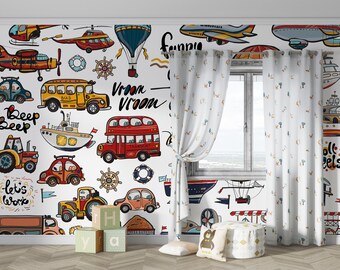 Peel and Stick Kids Wallpaper - Colorful Vehicle Playroom Wall Mural