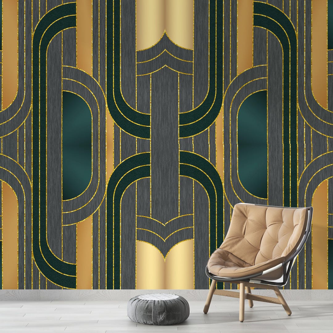 Peel and Stick Art Deco Wallpaper - Geometric Emerald Green Living Room ...