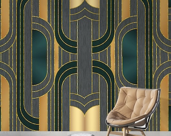 Papel pintado Art Déco autoadhesivo - Mural geométrico verde esmeralda para sala de estar
