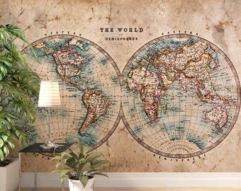 May include: An antique-style world map mural, featuring the Western and Eastern Hemispheres. The map is in shades of beige, blue, and brown, with detailed geographical features. The text "THE WORLD IN HEMISPHERES" is visible. A floor lamp and potted plants are in the foreground.