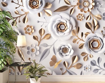 May include: A white wall decorated with large, three-dimensional paper flowers in white, gold, and silver. The floral arrangement includes roses, leaves, and small accent flowers, creating a textured, elegant design. A butterfly is also included.