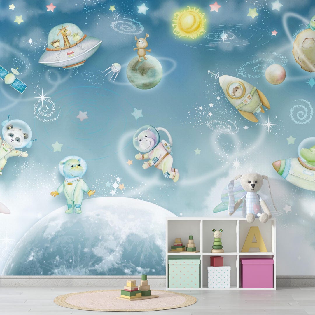 Peel and Stick Space Kids Wallpaper - Nursery Playroom Wall Mural - Etsy
