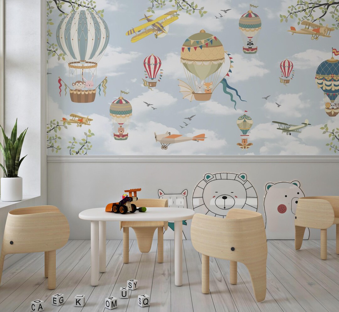 Peel and Stick Kids Wallpaper - Hot Air Balloon Nursery Sky Wall Mural ...