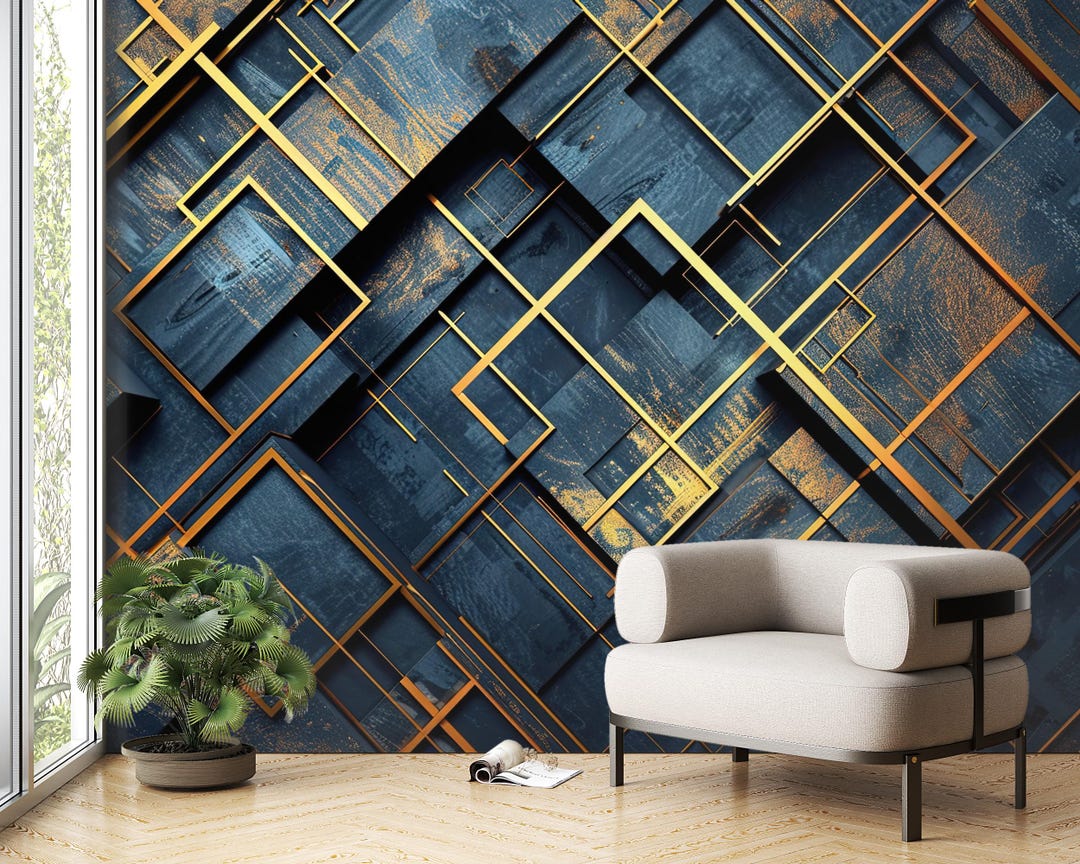 Peel and Stick Geometric Wallpaper - Navy Gold Modern Office Wall Mural ...