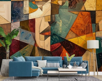 Peel and Stick Geometric Wallpaper - Colorful Abstract Living Room Wall Mural