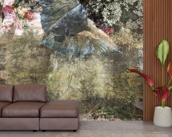 Peel and Stick Vintage Fish Wallpaper - Aquatic Earth Tones Bedroom Wall Mural