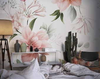 Peel and Stick Floral Wallpaper - Pink and Green Bedroom Wall Mural