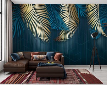 Peel and Stick Tropical Wallpaper - Teal Gold Modern Living Room Wall Mural
