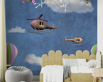 Papel pintado infantil autoadhesivo: Mural de pared para habitación infantil con aviones vintage