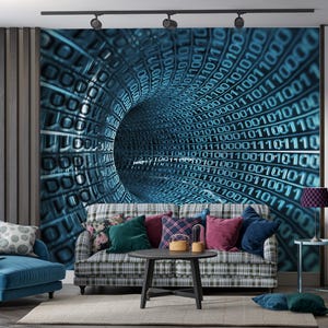 May include: A digital art wall mural featuring a blue tunnel of binary code. The room includes a blue armchair, a plaid sofa with colorful pillows, a black coffee table, and a small side table with a lamp.