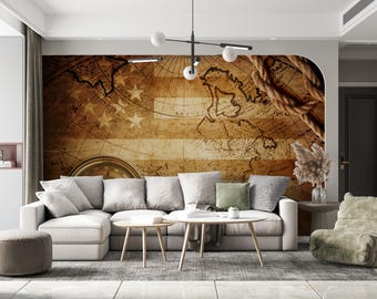 Peel and Stick Antique Map Wallpaper - Vintage Living Room Adventure Wall Mural