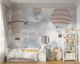Peel and Stick pastel heteluchtballonbehang - kinderkameravontuur muurschildering