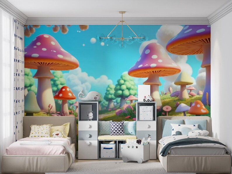 Peel and Stick Mushroom Wallpaper - Whimsical Kids Room Wall Mural - Etsy