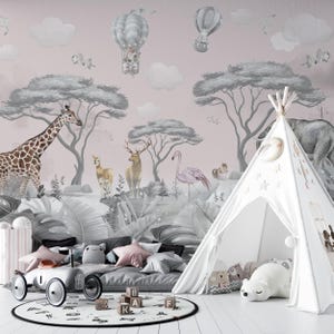 Safari Adventure Nursery Wallpaper in Pink and Gray - Jungle Themed Decor