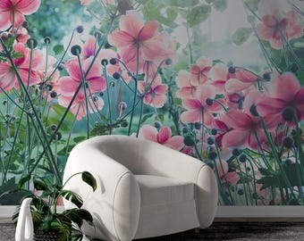 Peel and Stick Floral Wallpaper - Pink and Green Botanical Bedroom Wall Mural