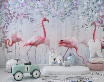 Peel and Stick Flamingo Wallpaper - Pastel Kids Bedroom Wall Mural