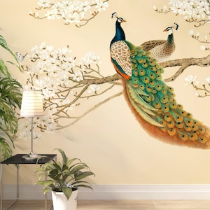 Peel and Stick-botanisch behang - art-decomuurschildering pauw