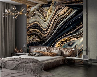 Peel and Stick Abstract Wallpaper - Black Gold Art Deco Accent Wall Mural