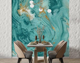 Peel and Stick Teal Wallpaper - Gold Accents Modern Wall Mural