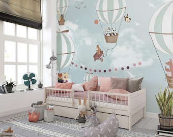 Peel-and-Stick kinderbehang - grillige heteluchtballon kinderkamermuurschildering